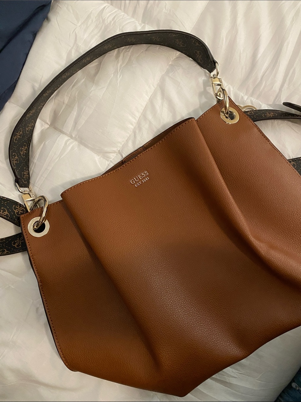 GUESS Cognac Pebbled Leather Shoulder Bag with Monogram Strap